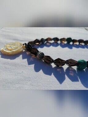 Vintage 925, Smoky Quartz, Mother of Pearl, Chinese Shou Turquoise Necklace